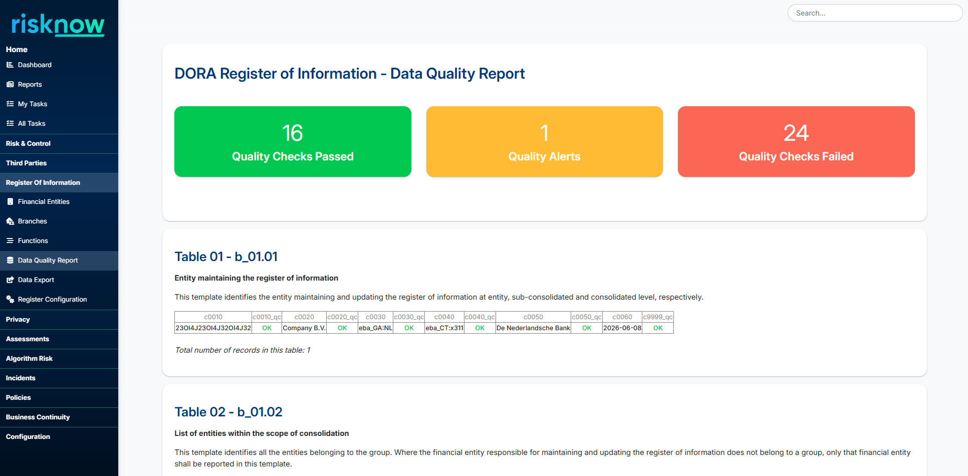 RiskNow DORA data quality checks — automated validation across mandatory fields, date logic, and referential integrity